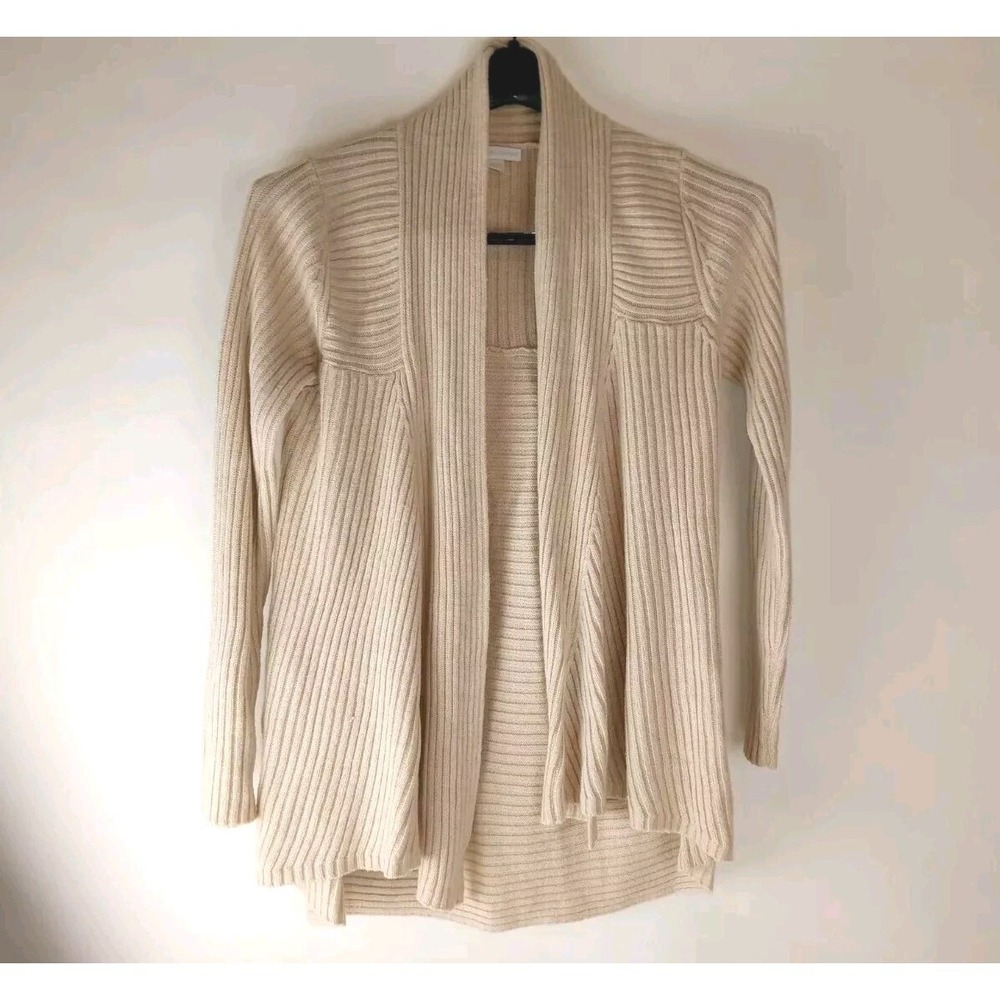 New‎ York & Company Women's Beige Stripe Knit Open Front Cardigan sz L